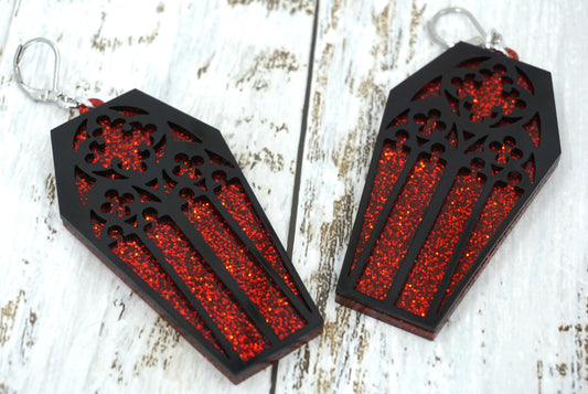 Coffin earrings scalloped red glitter