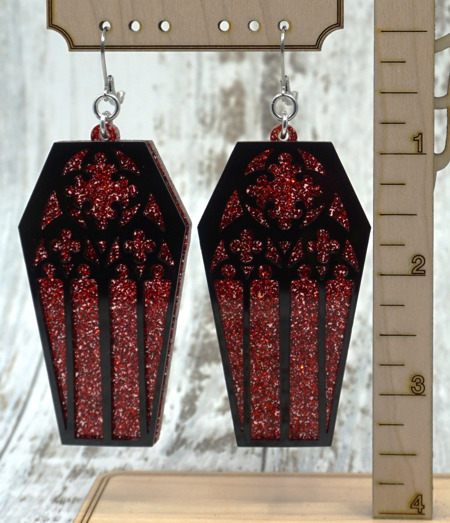 Coffin earrings scalloped red glitter