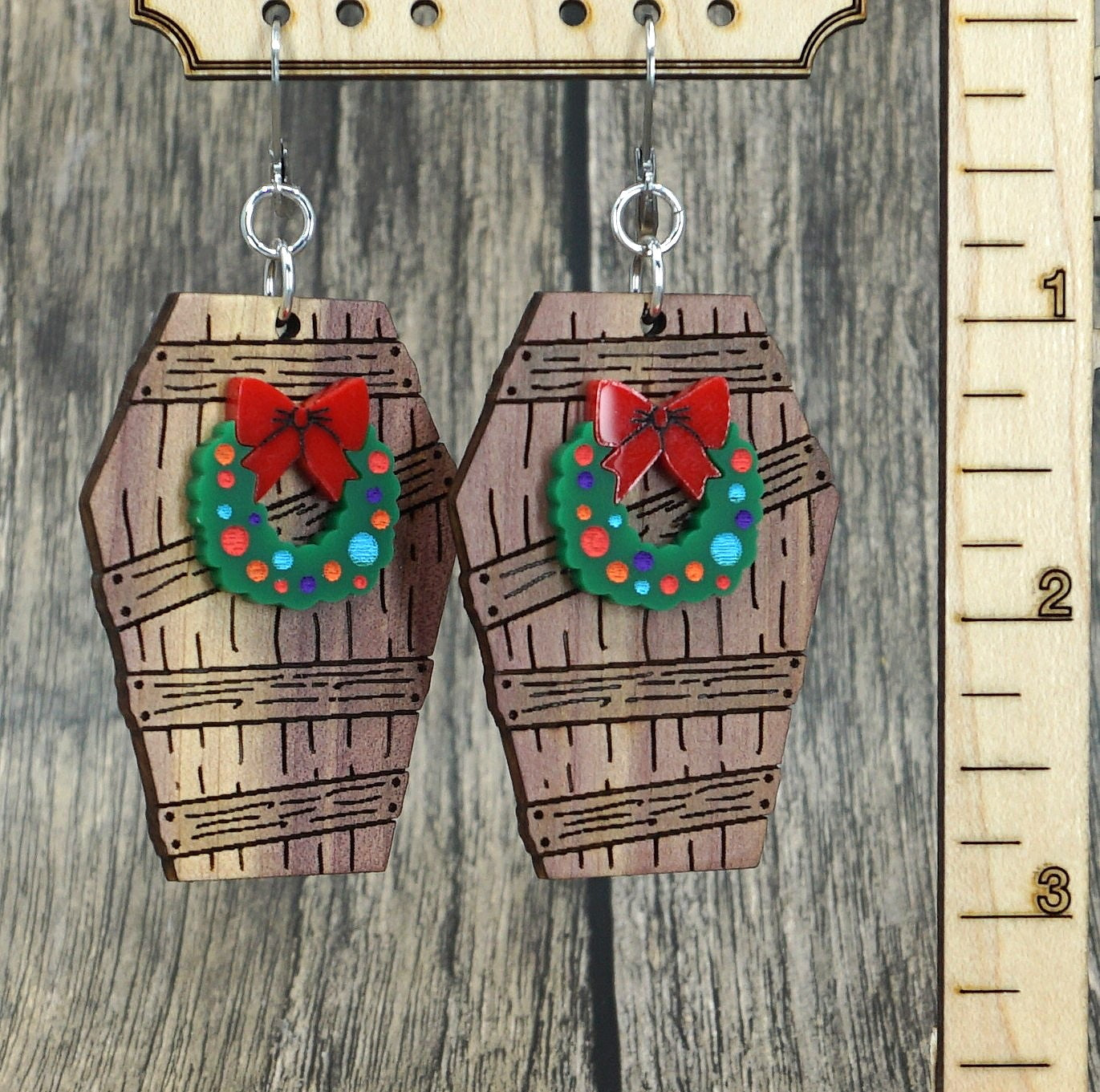 wood coffin earrings
