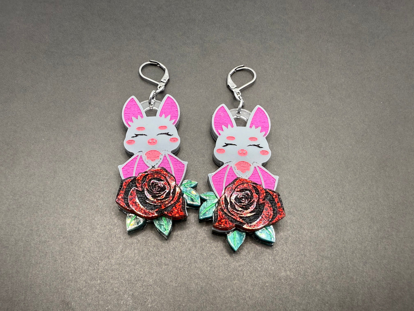 Pink bat rose earrings