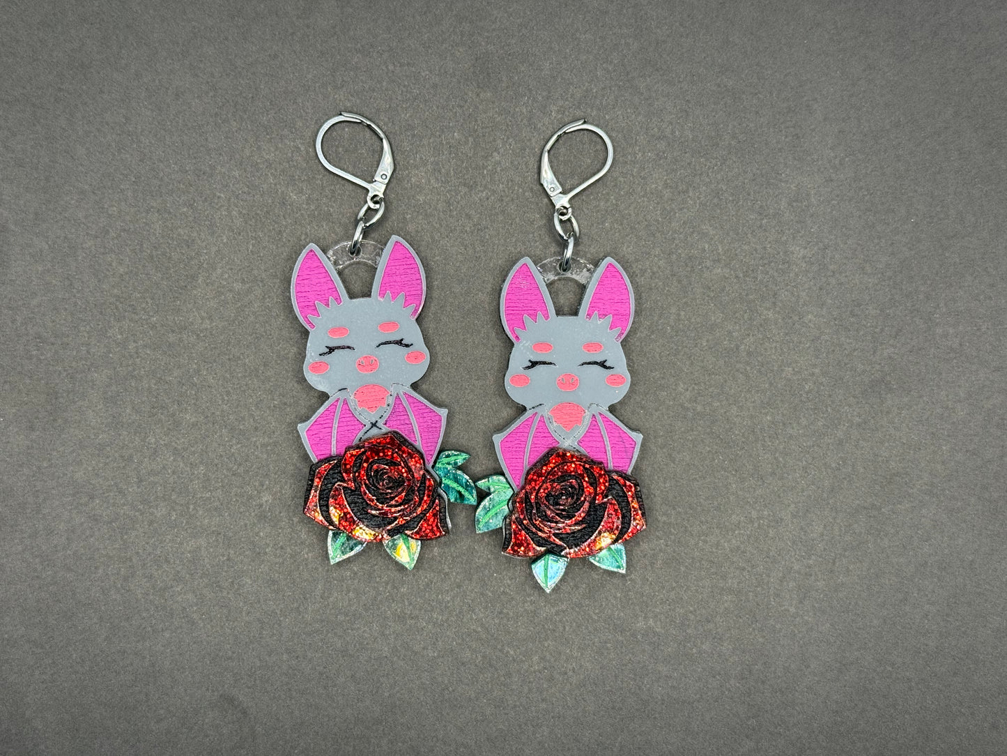 Pink bat rose earrings
