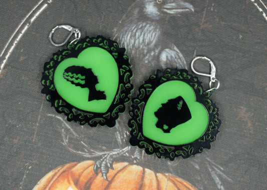 Frankenstein green heart earrings