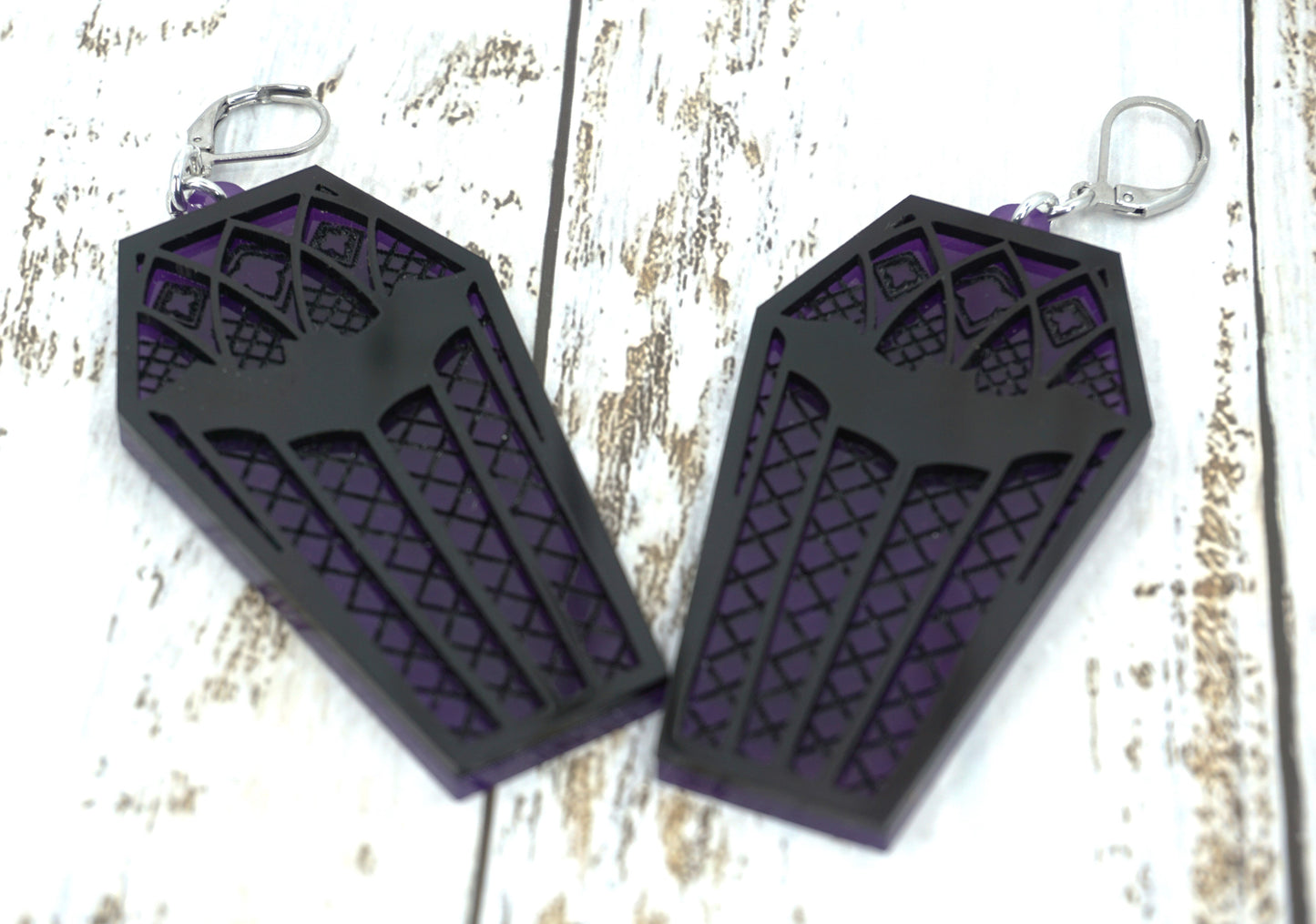 Coffin earrings bat purple