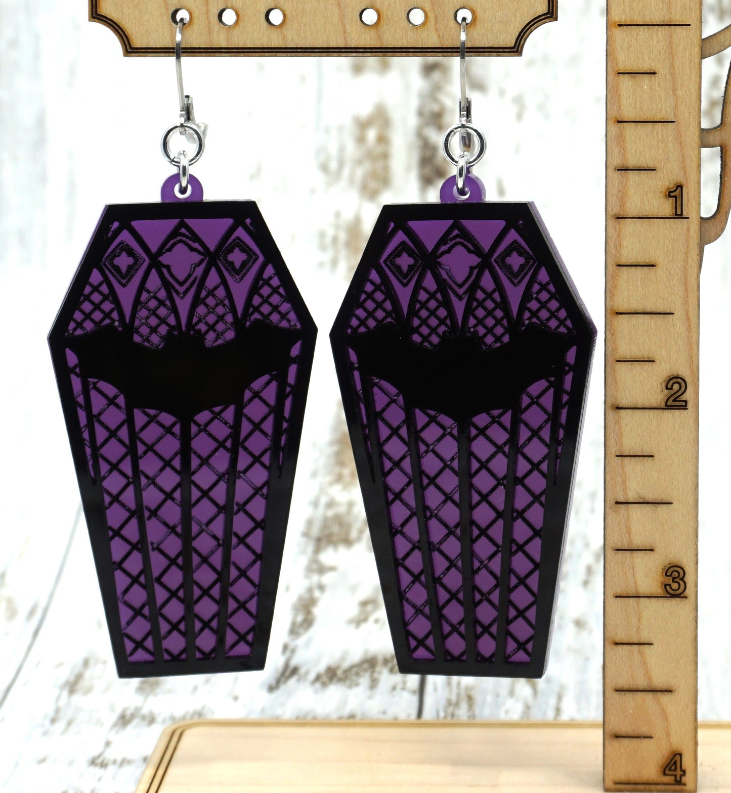 Coffin earrings bat purple