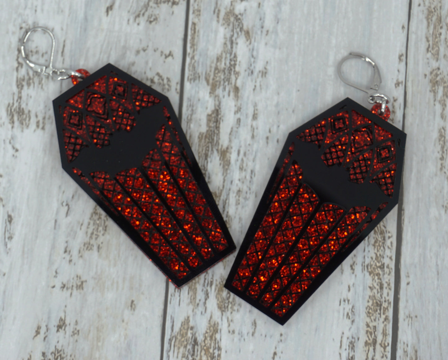 coffin earring red glitter bats