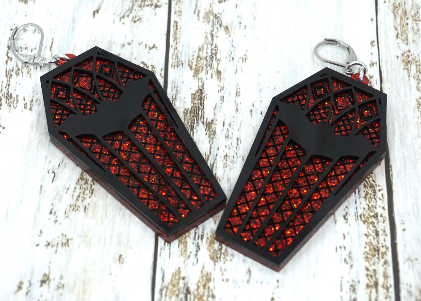 coffin earring red glitter bats