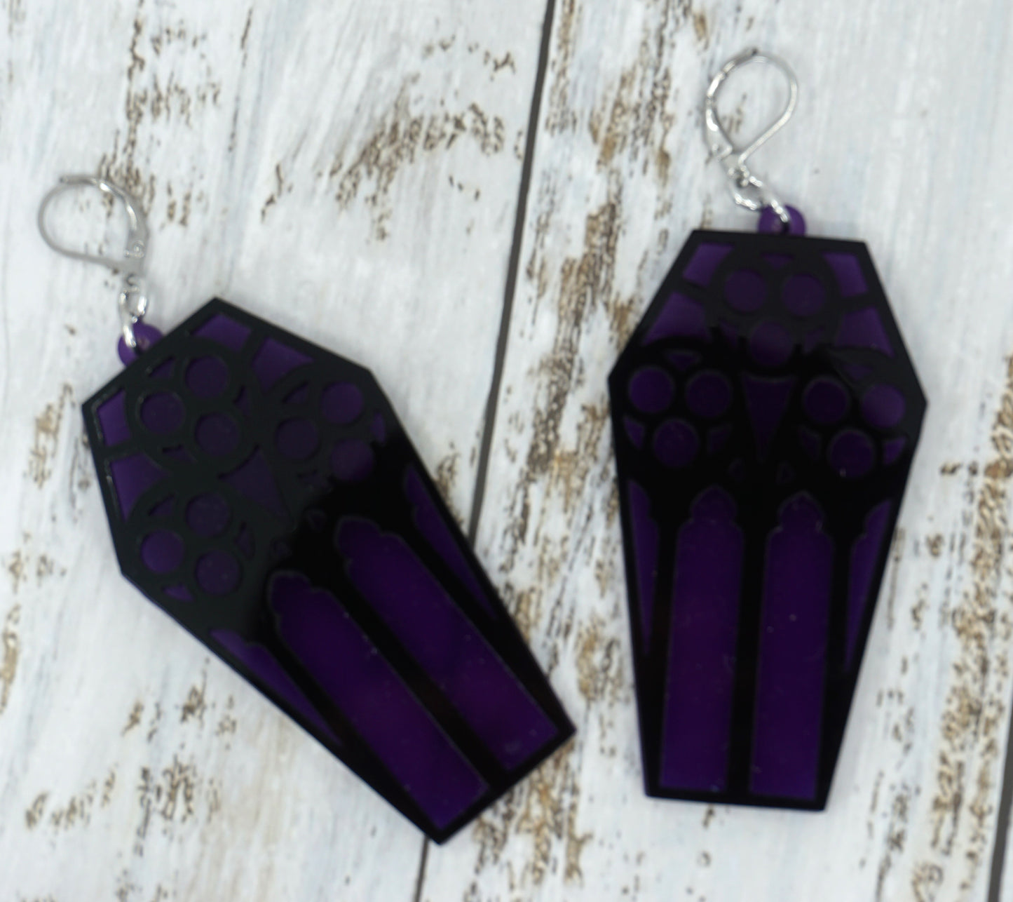 coffin earrings round purple