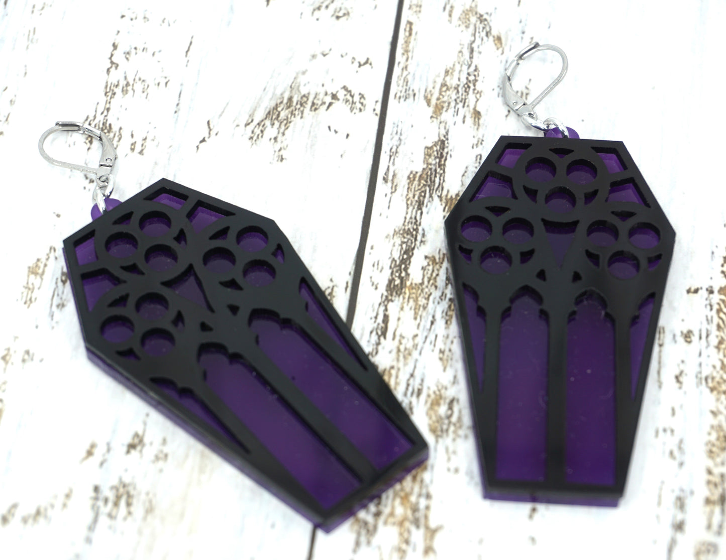 coffin earrings round purple