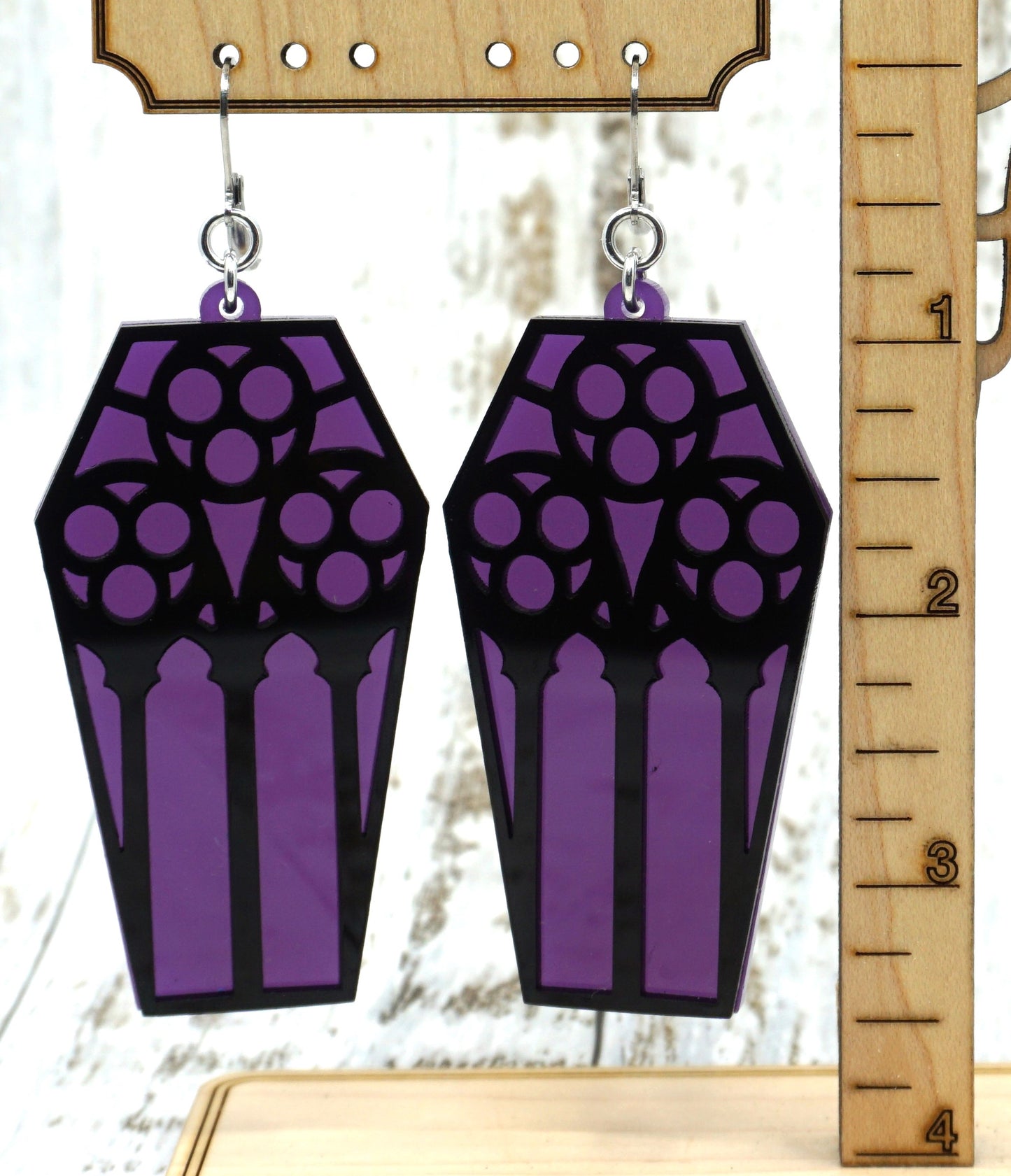 coffin earrings round purple