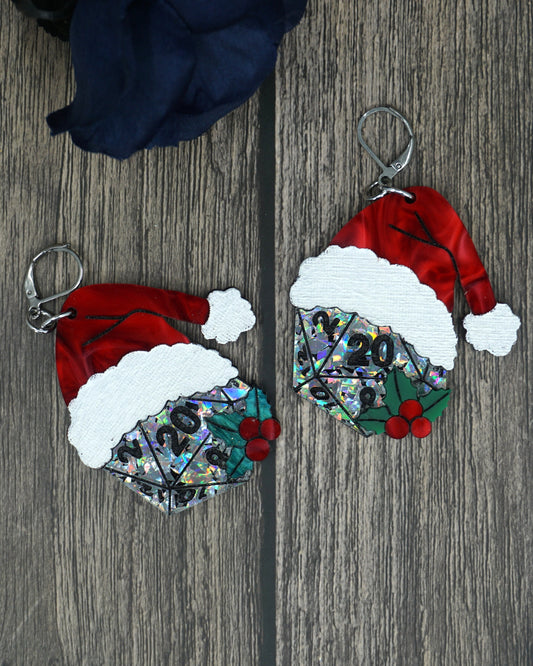 holosilver d20 santa earrings