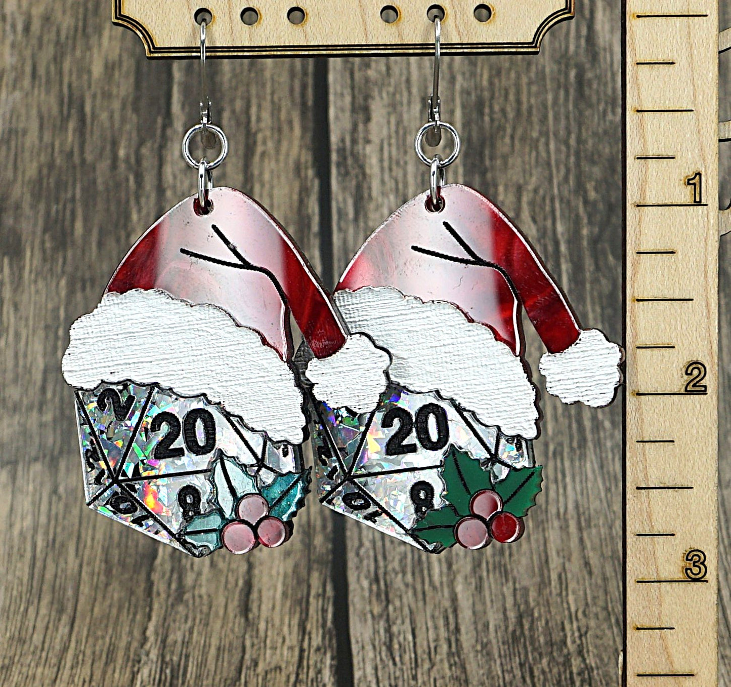 holosilver d20 santa earrings