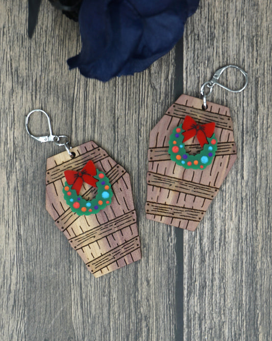 wood coffin earrings