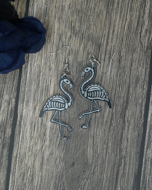 Black and white flamingo skeleton earrings
